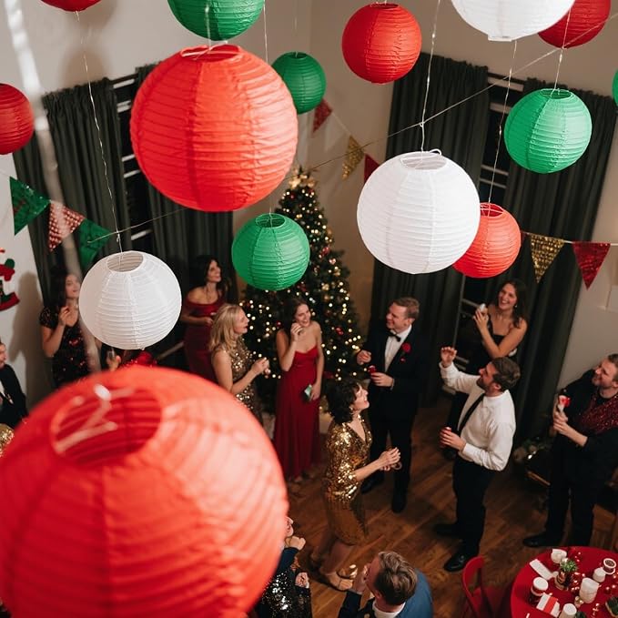 Red -White and Green Paper Lanterns 12Pcs Hanging Lanterns for Christmas Theme, Wedding, Birthday Party, Baby Shower Festive Decoration