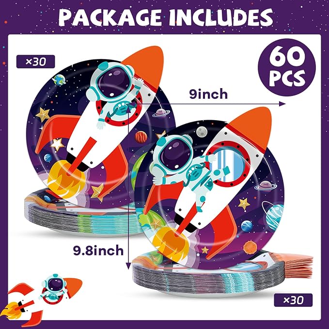 OBUSATT 60 PCS Rocket Ship Paper Plates 9In Outer Space Birthday Party Supplies Astronaut Galaxy Planet Tableware Decoration Space Theme Disposable Dinnerware for Kids Baby Shower Birthday Party Favor