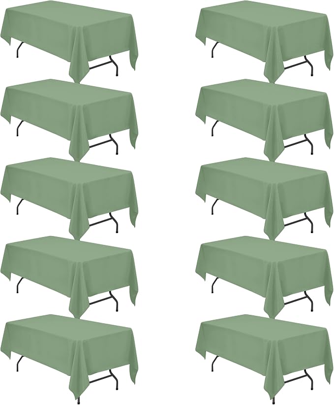 BRILLMAX 10 Pack Sage Green Tablecloths 60 x 102 Inch for 6ft Rectangle Tables - 150 GSM Polyester Fabric, 15" Standard Drop, Water, Stain & Wrinkle Resistant Cloth Cover for Wedding Dining Buffet