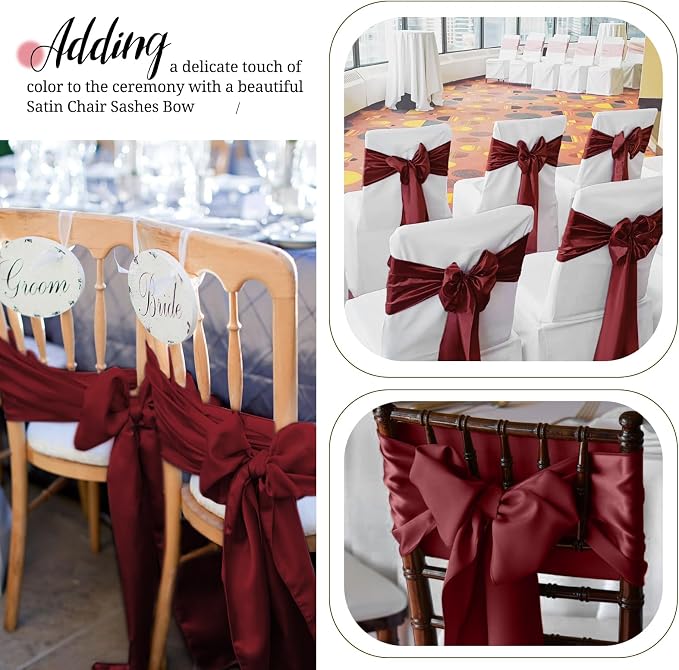 Pesonlook 120 PCS Burgundy Satin Chair Sashes Bows,Satin Chair Sashes Universal Chair Cover for Wedding Reception Restaurant Event Decoration Banquet,Party,Hotel Event Decorations (7 x 108 inch)