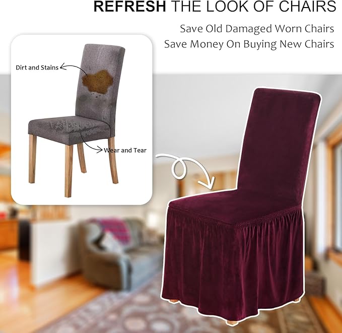 NICEEC Spandex Chair Covers for Dining Chairs Covers Set of 4 Removable Dining Room Chair Covers with Skirt Parson Chair Slipcovers Washable Chair Protector for Kitchen Wedding Party(Wine Red)