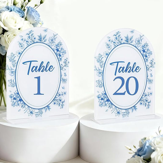Blue Toile Themed Wedding Acrylic Table Number 1-20 with 20Pcs Stands, 5"x7" Blue Floral Place Card Centerpiece Decor Indoor Outdoor Wedding Bridal Shower Anniversary Party Reception