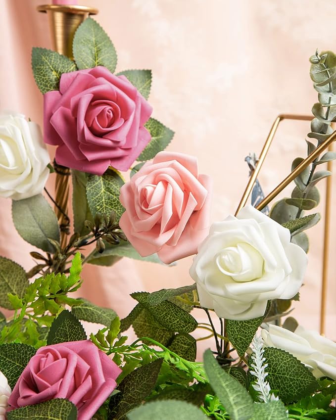 DuHouse 25Pcs Artificial Roses Flowers Fake Roses with Stems Real Touch Foam Flowers for DIY Wedding Bouquet Centerpiece Floral Arrangement Party Home Decor(Peach)