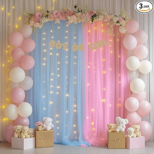 Pink and Blue Tulle Backdrop Curtain with Lights String - 10x10ft Sheer Wedding Backdrop for Baby Shower, Birthday Party, Photo Shoot Decorations - 2 Panels (5ft x 10ft Each)