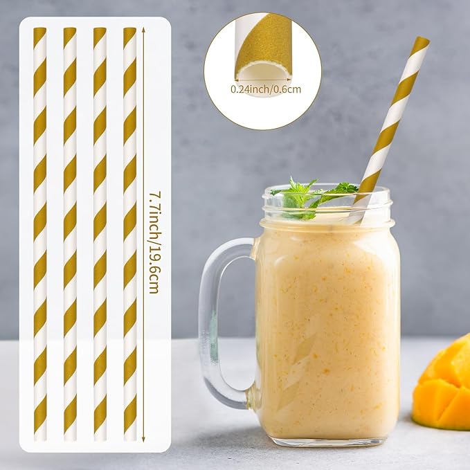 100 Packs Brown Biodegradable Striped Paper Straws, Disposable Drinking Straws for Birthday Carnival Summer Pool Party Wedding Baby Shower Halloween Christmas Party Decoration Supplies