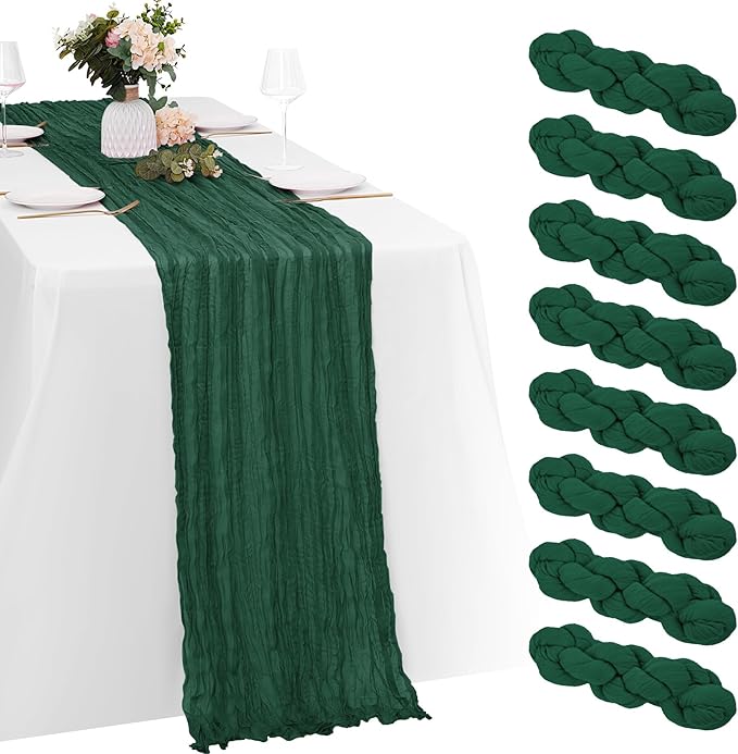 8 Pack Emerald Green Cheesecloth Table Runners 20x120 Inch Gauze Table Runner Cheese Cloth 10FT Green Table Runner Rustic Sheer Runner for Wedding Baby Shower Birthday Party Table Decor