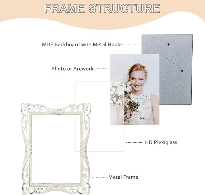 8x10 Vintage Metal White Picture Frame Pearl Antique Ornate Gold Photo Frame Wedding Decoration, Clear Glass Front, Unique Tabletop or Wall Display, Gifts for Mom Women, Horizontally & Vertically