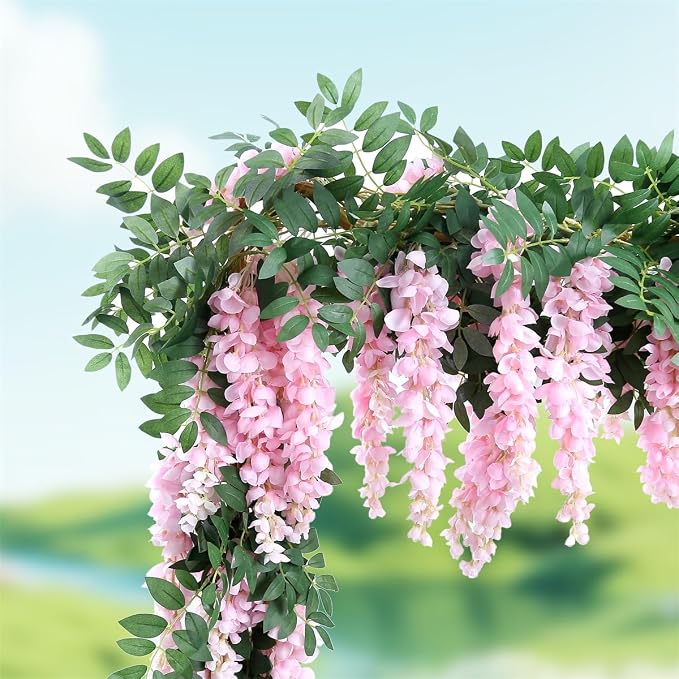 1pc/2pcs Encrypted Flower Vine Wisteria Artificial Flowers Garland,White Wisteria Hanging Flowers Flower Garland Decorations for Home Garden Outdoor Ceremony Wedding Arch Decoration (Pink, 1pc)