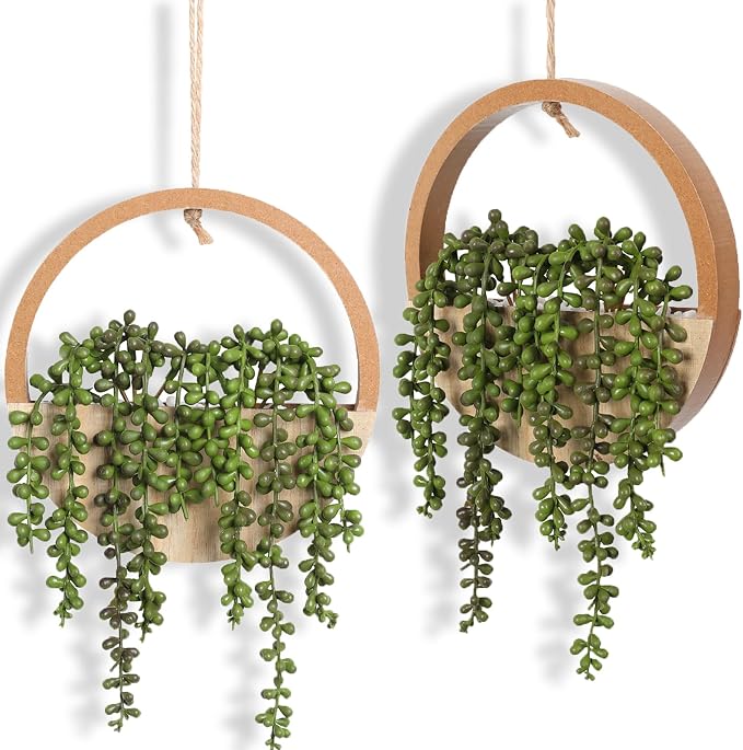 2 Pack Fake Plants Artificial Wall Hanging Plants, Boho Hanging Planter Fake Succulents Artificial String of Pearls in Wooden Pots with Lanyard for Home Office Wall Decoration