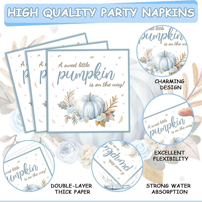 96Pcs Little Pumpkin Baby Shower Party Plates and Napkins, Fall Autumn Pumpkin Party Decorations for Boys Autumn Dessert Plates, Blue Thanksgiving Tableware Decor, Serves 24