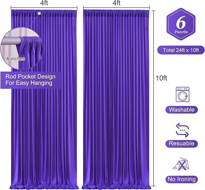 Wish Care Purple Backdrop Curtains - 6 Panels, Wrinkle-Free, Polyester, Photography Drapes for Baby Shower, Birthday Party, Wedding, Prom, Photo Booth - 24 X 10FT (Purple)