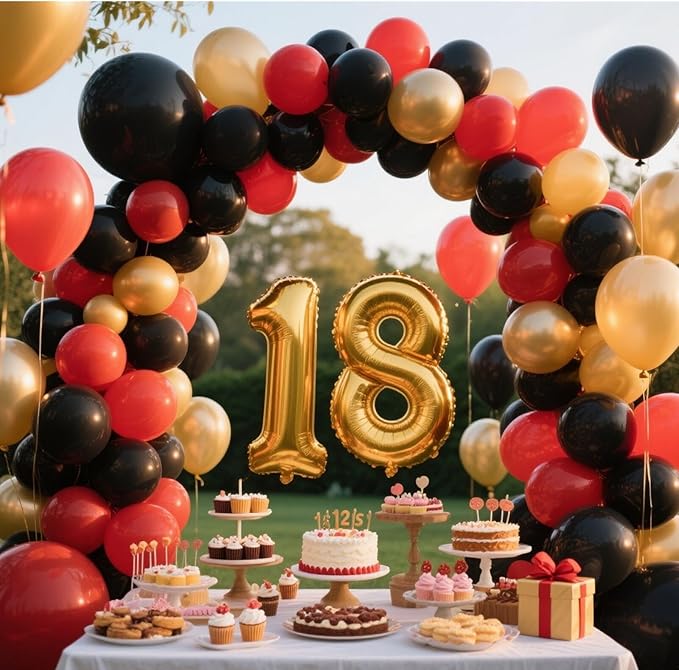 412Pcs Red Black Gold Balloons Arch kit,18 12 10 5 Inch Different Size Latex Balloons for Anniversary Casino Night Hollywood New Years Movie Night Birthday Decorations