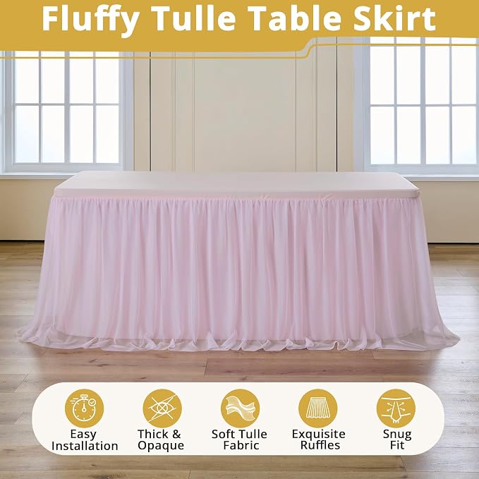 6-Pack Pink Tulle Tablecloth for 6 Ft Rectangle Tables – Elastic Spandex Table Cover with Tutu Skirt, Wrinkle Free for Wedding, Birthday Party, Banquet Buffet, Craft fairs