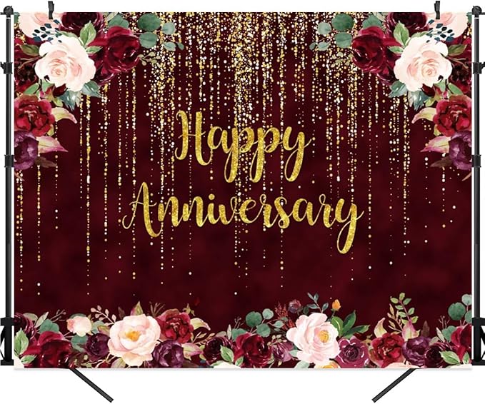 12x10ft Happy Anniversary Backdrop, Gold Glitter Burgundy Wedding Anniversary Background 1st 40th 50th 73th Couple Wedding Women Birthday Floral Party Decorations Cake Table Decor