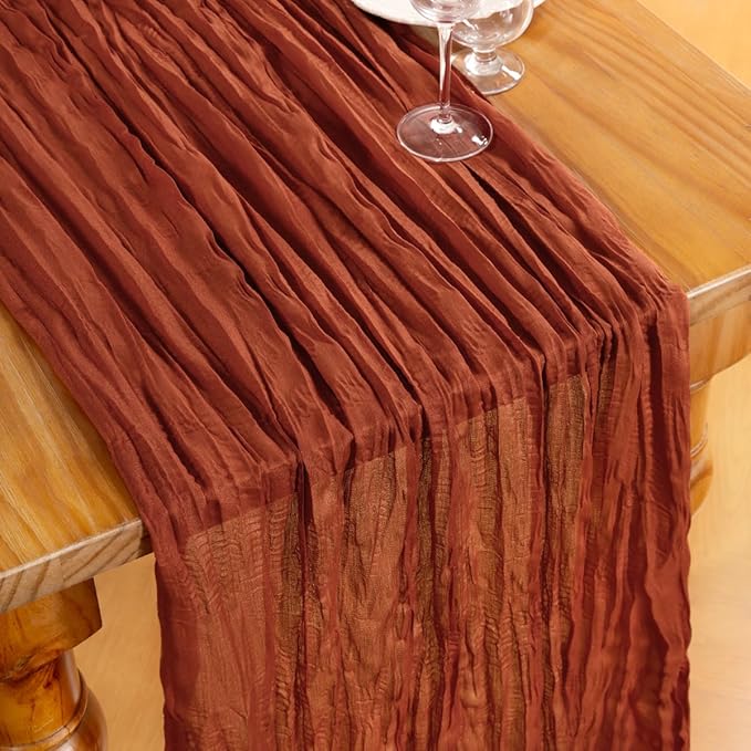 DeZerlor Terracotta Cheesecloth Table Runner Burnt Orange 12 Pack Spring Easter Table Runners 120 Inches Rust Cheese Cloth Table Decor for Wedding Bridal Baby Shower Parties