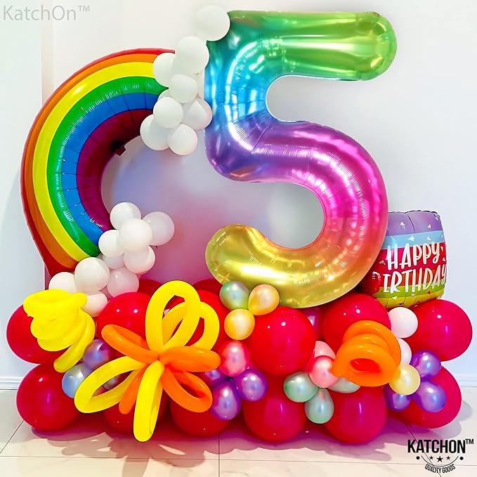 Giant, Rainbow Number 5 Balloon - 40 Inch | Big, Butterfly Balloon and Flower Balloon - Pack of 10 | Rainbow 5 Balloon Number for 5th Birthday Decorations Girl | Number 5 Balloons for Birthdays