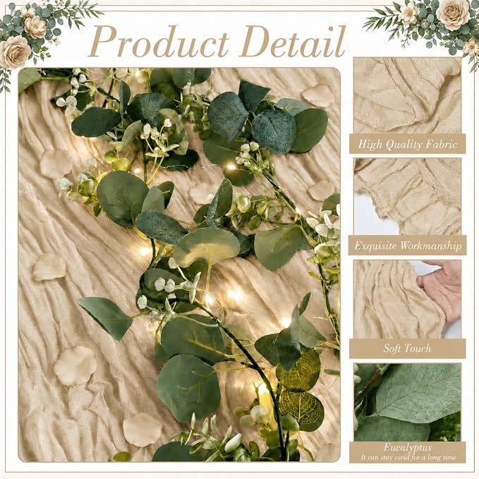 Cinrobiye 11PCS Boho Cheesecloth Table Runner Set with Rose Petals, 120'' Gauze Table Runner, Wrinkled Napkins, Eucalyptus Garland and String Lights for Wedding Baby Shower Tea Party Decorations