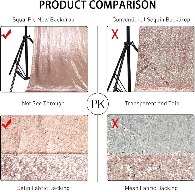 SquarePie 5x7ft Rose Gold Sequin Backdrop for Photography, Satin-Backed Real Sequin Curtain, Enhanced Coverage Shimmering Background with 4" Rod Pocket for Wedding, Birthday, Party Decor, 1 Panel