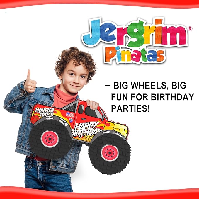 Jergrim Monster Truck Piñata, 4 Piece Set, perfect for Kids Birthday Parties, Race Car Party Supplies fits piñata candy and party favors (16”X10”) Durable!