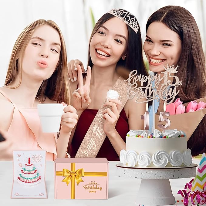 15th Birthday Decorations for Girls with 15th Birthday Crown and Sash, Cake Topper and Candles, Number Balloons, 3D Pop Up Greeting Card, 15 Year Old Gifts for Girls