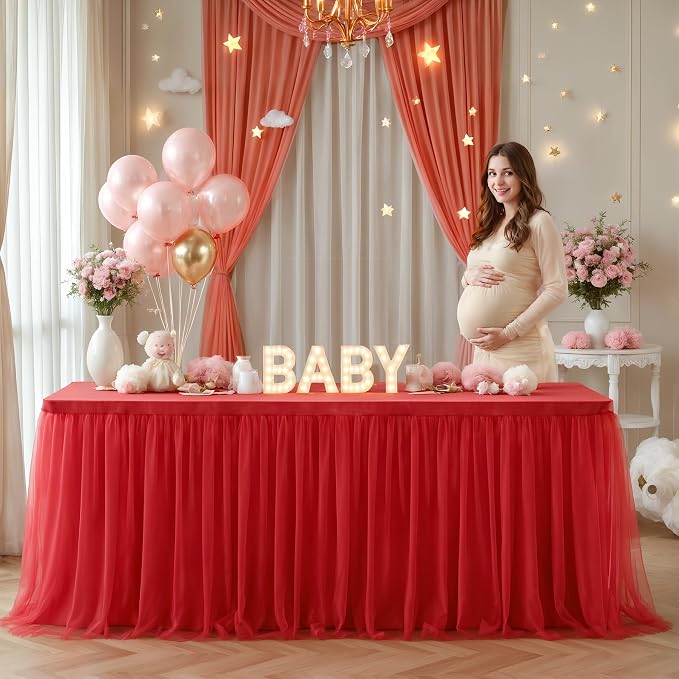 Suppromo Red Tulle Tablecloth for 8 Foot Rectangular Table 8ft Red able Cloths Rectangle Wrinkle Free Table Cover with Tutu Skirt for Wedding Birthday Party Baby Shower Banquet Buffet Cake Event