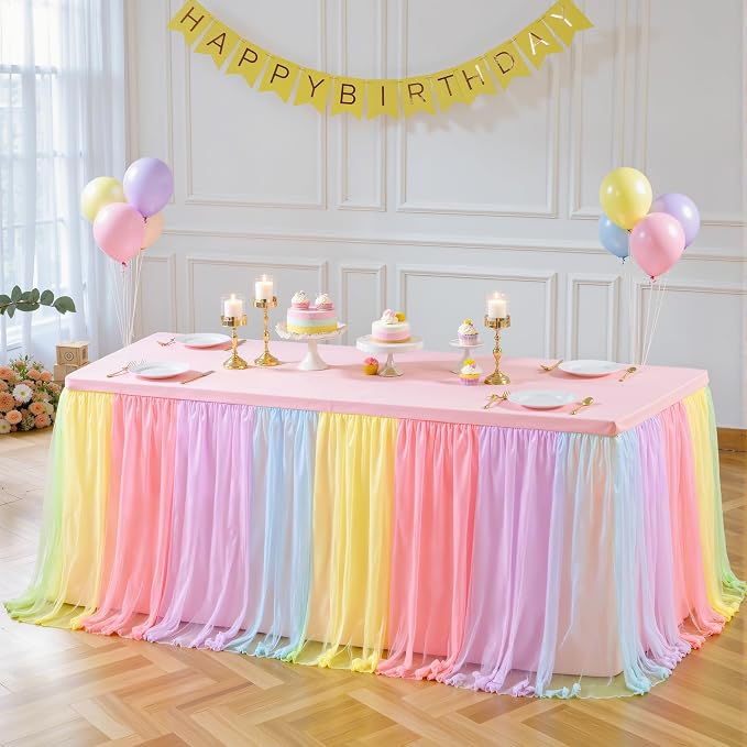 Rainbow Tulle Tablecloth for 8 Foot Rectangular Table, 8ft Rainbow Rectangle Table Cloth, Wrinkle Free Tablecover with Tutu Skirt for Wedding Birthday Party Baby Shower Banquet Buffet Cake Event