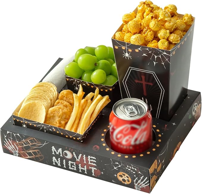 Baffect Movie Night Snack Trays 100pcs Include 20 Movie Night Trays, 20 Popcorn Boxes, 20 Salad Bowls, 20 Nacho Bowls, 20 Movie Party Invitations, Horror Movie Night Supplies for Nacho Bar