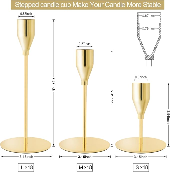 Taper Candle Holders,Tall Metal Candlestick Holders,Gold,Set of 54,Three Heights,Candle Stick Holder for Wedding Centerpiece Decoration,Dinning,Festival,Party or Home Decor