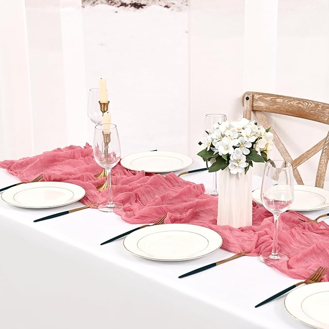 8 Pack Dusty Rose Cheesecloth Table Runner 10FT Boho Gauze Cheese Cloth Table Runner Rustic Sheer Fabric Table Runners for Wedding Bridal Shower Baby Shower Party(21.5×120 Inch)
