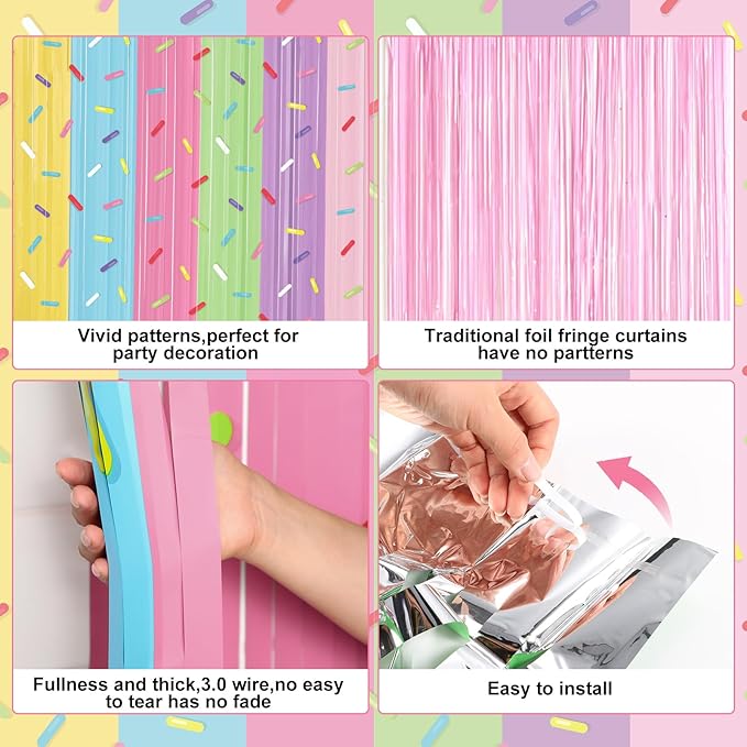 Blosssound 2 Packs Donut Party Decorations 3.3 x 6.6 ft Going Away Party Decorations Donut Sprinkle Foil Fringe Curtain Ice Cream Tinsel Streamers for Goodbye Birthday Baby Shower Sweet Shop Decor