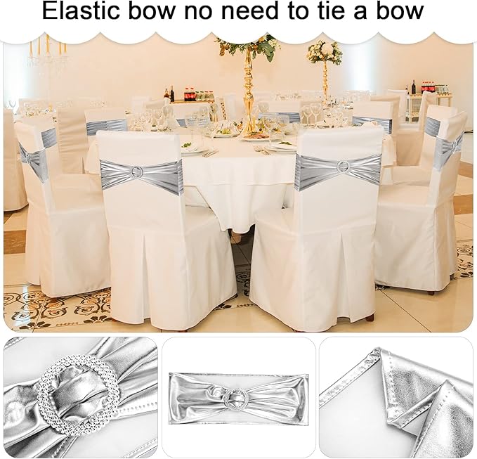 Oudain 120 Pieces Spandex Chair Sashes with Buckle Stretch Chair Cover Bands Bows for Wedding Hotel Banquet Events Decorations Sashes(Silver)