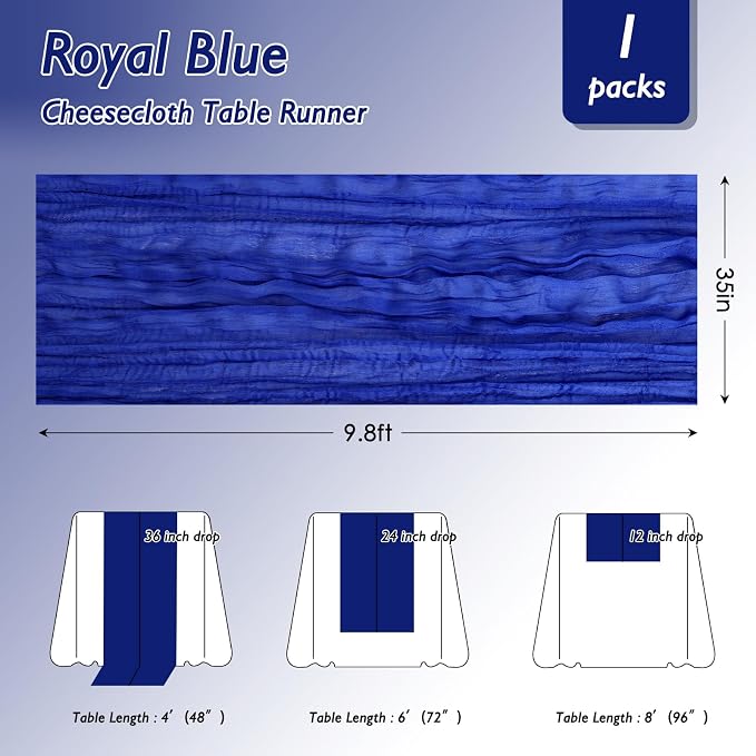 Royal Blue Cheesecloth Table Runner 120 Inch 10FT Cheese Cloth Runners 1 Pack for Independence Day, Coastal Style, Baby Shower, Graduation Decorations