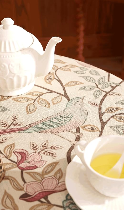 patdrea Vintage French Linen Tablecloth,Round,Diameter 55"-Kulom A | Elegant Table Cloth for Round Table,Leaves and Bird Patterned,Dining Room Tea Party Thanksgiving Decor,Pink