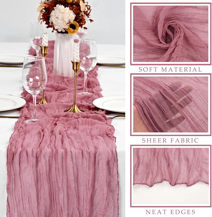 Cheesecloth Table Runner 10FT Dusty Rose Runner for Tables Gauze Fabric Boho 35 x 120 Inches Long Table Runner Decoration Rustic Sheer Runner for Wedding Baby Birthday Party (Dusty Rose)