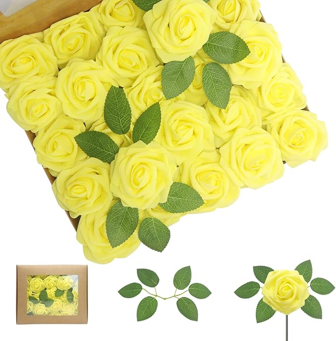 100PCS Yellow Artificial Flowers Roses Real Looking Foam Fake Roses with Leaves and for DIY Wedding Bouquets Bridal Shower Centerpieces Party Decorations (Yellow, 100)
