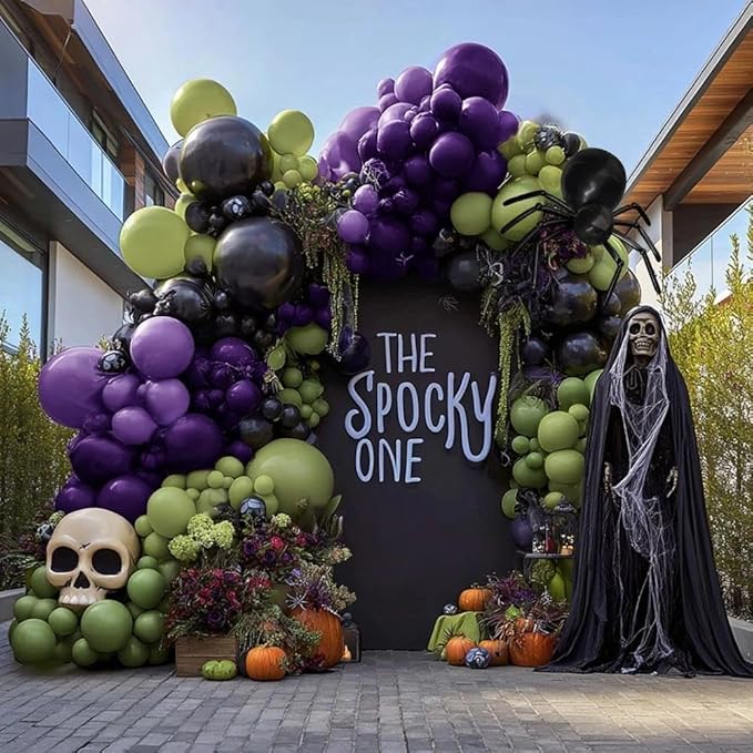 Green Purple Black Balloons Double Stuffed, Halloween Balloon Arch Garland Kit in Dark Purple Dusty Olive Green Color with Black Long Latex for Halloween Birthday Baby Shower Boo Spooky Party Decor