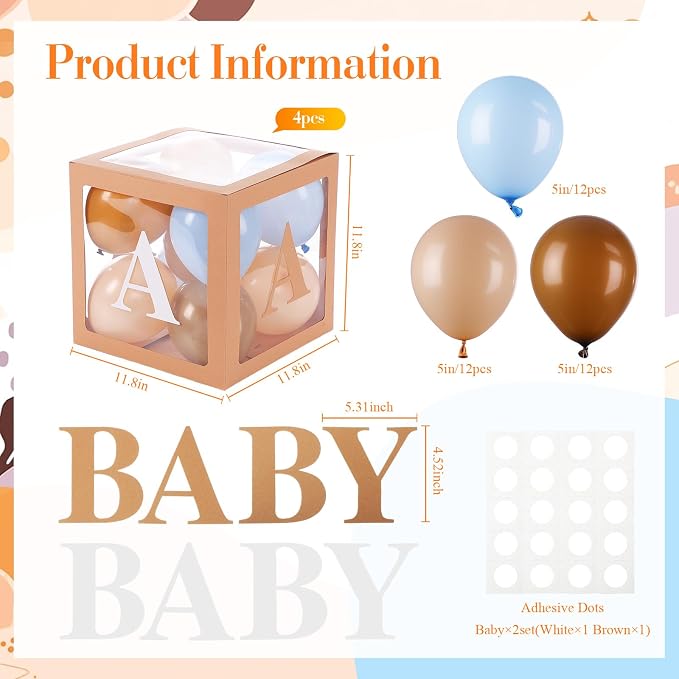 Zhanmai Baby Boxes for Bear Baby Shower Decoration with 4 Letters 36 Balloons 4pcs Transparent Clear Balloon Box Blocks for Boy Girl Balloon Boxes Gender Reveal Party Favors (Brown, Apricot, Blue)