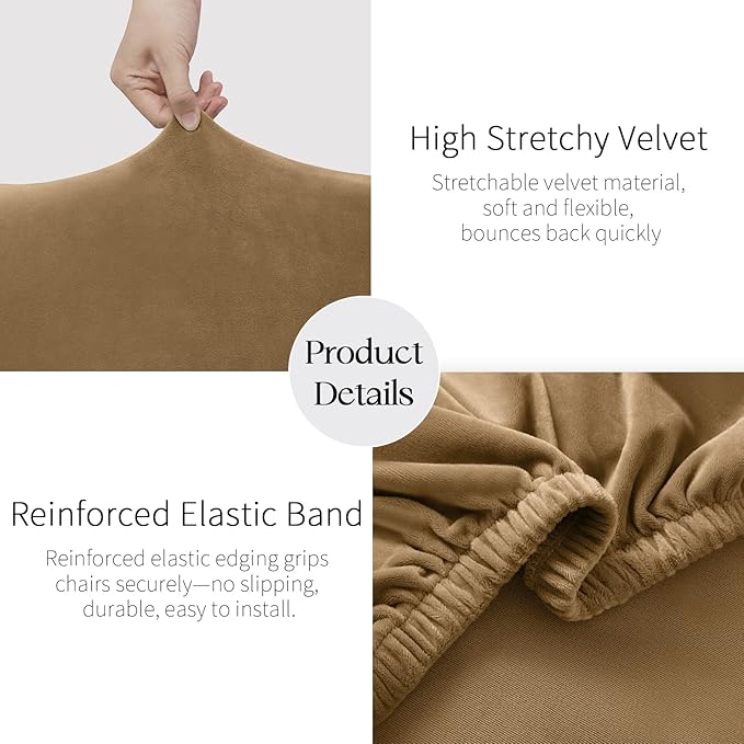 MOSAYT Velvet Stretch Chair Covers for Dining Room Set of 2 - Soft Slipcovers with Thick Removable Fabric for Parsons Chairs, Washable Seat Protectors for Kitchen, Banquet & Home Decor, Camel