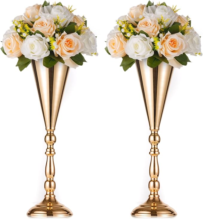 2 Pcs Tabletop Metal Wedding Flower Trumpet Vase, 16.5 inch Tall Table Decorative Centerpiece, Artificial Flower Arrangements for Anniversary Ceremony Party Birthday Event Aisle Home Decoration (Gold)