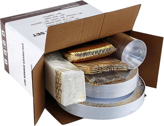 210 Count Gold Plastic Dinnerware, Gold Disposable Plates, Includes: 30 Dinner & 30 Dessert Plates & 30 Cups & 30 Paper Napkins & 30 Plastic Silverware Set -for Thanksgiving, Christmas, Parties
