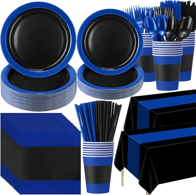 Funnymoom 452 Pcs Royal Blue and Black Party Supplies for 50 Guest, Blue and Black Paper Plates Cups Napkins Tablecloth Cutlery Straw Tableware Set for Graduation Birthday Wedding Party Decoration