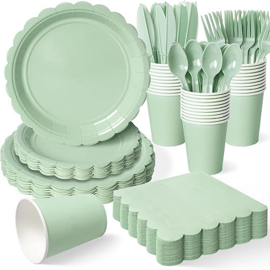 Vyntra 175 Pcs Sage Green Birthday Paper Plates and Napkins Set for 25 Guests, Disposable Party Supplies, 9" Dinner Plates & 7" Dessert Plates