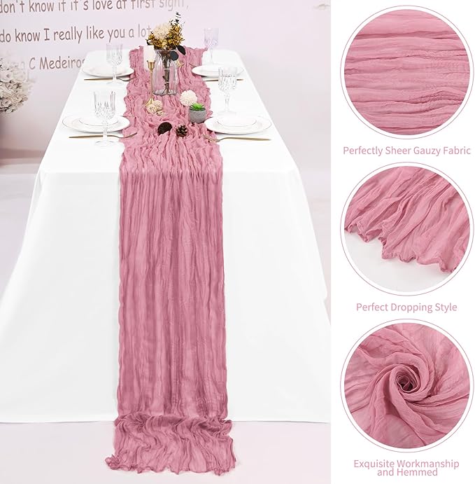 8 Pack Dusty Rose Cheesecloth Table Runner 120 Inch 10FT Fall Boho Rustic Sheer Gauze Cheese Cloth Table Runner for Wedding Baby Shower Birthday Party Table Decor