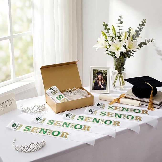 Janinka 6 Pcs Senior Sash 2026 Graduation Satin Sash with Glitter Letter Silver Crown Tiaras Cheer 2026 Gifts for Graduation Party Cheerleader Prom Photos Celebration(Green)