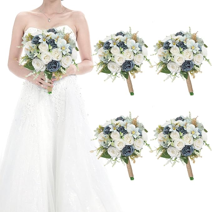 Set of 4 Bridesmaid Bouquets for Wedding - 7 Inch Artificial Rose Flower Bouquet for Bridesmaids Premade Floral Bouquets Party Ceremony Anniversary Decor - Dusty Blue