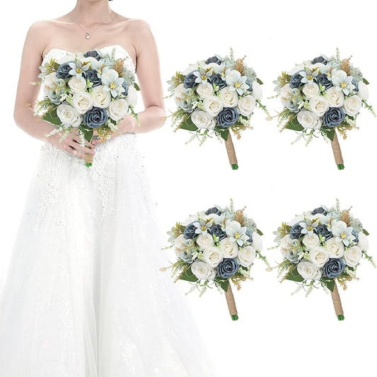 Set of 4 Bridesmaid Bouquets for Wedding - 7 Inch Artificial Rose Flower Bouquet for Bridesmaids Premade Floral Bouquets Party Ceremony Anniversary Decor - Dusty Blue