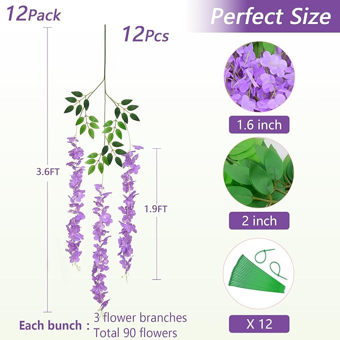 12Pcs Artificial Wisteria Hanging Flowers, 3.6Ft/Pcs Purple Fake Wisteria Garland for Wedding Party Home Garden Indoor Outdoor Decoration