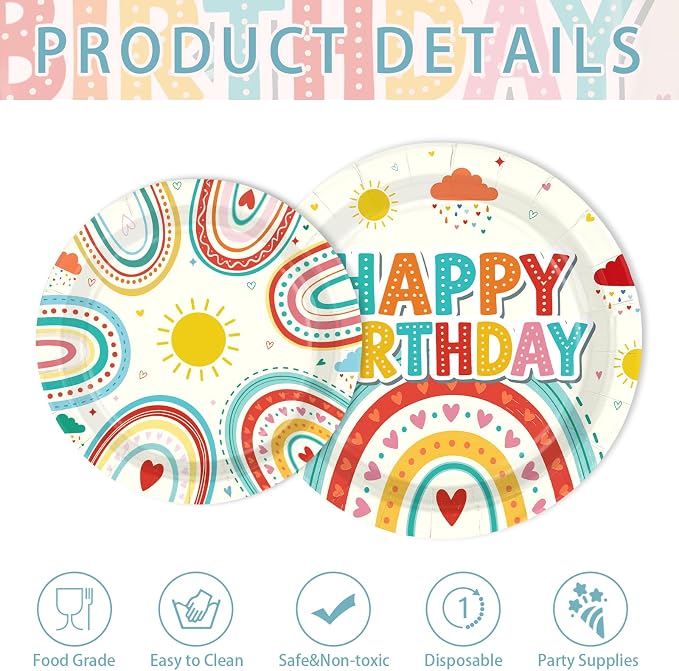 250 Pcs Retro Rainbow Birthday Party Decorations Colorful Rainbow Plates and Napkins Cups Sun Cloud Tableware Set for Boys Girls Baby Shower Boho Themed Birthday Party Supplies Serves 50