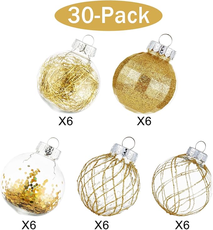CristBest 30ct Christmas Ball Ornaments-60mm/2.36" Shatterproof Clear Plastic Xmas Balls Baubles Set with Stuffed Delicate Sparkling, Hanging Christmas Tree Decorations(Gold)
