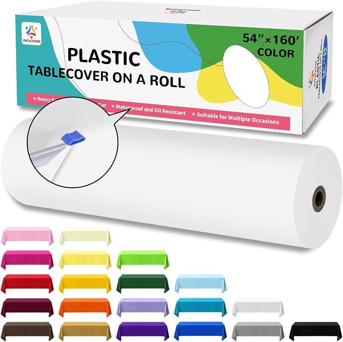 54IN X 160FT Plastic Table Cover Roll with Cutter Box, Cut to Size Plastic Table Cloths for Parties, Birthday, Disposable Tablecloth Roll for All Shape Tables (White, 54 Inch X 160 Feet)